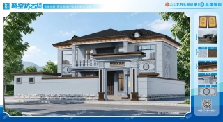新中式两层带门楼罗马柱别墅仿石漆效果图
