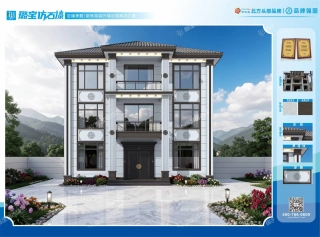 新中式三层对称罗马柱浮雕观景别墅仿石漆效果图