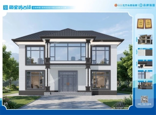 现代两层对称廊柱阔景玻璃窗别墅仿石漆效果图