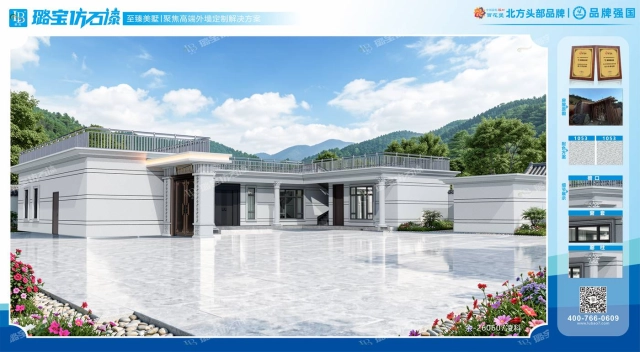 现代单层L型平顶露台平房仿石漆效果图