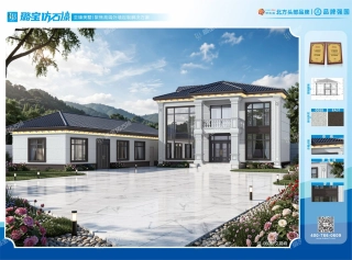 新中式两层带侧配房罗马柱观景别墅仿石漆效果图
