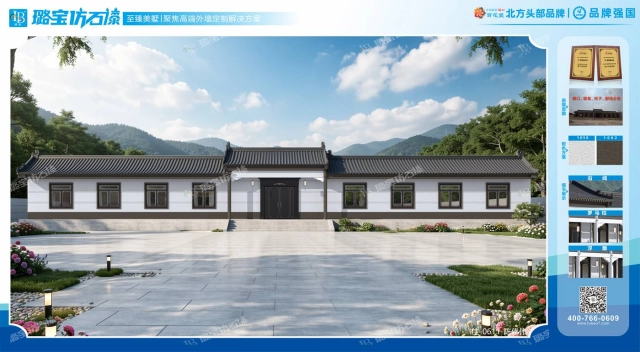 新中式单层对称五开间合院平房外墙效果图