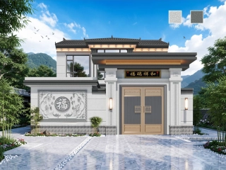 新中式二层侧边福字浮雕独栋别墅仿石漆效果图