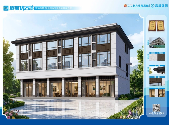 现代三层规整宽窗商住独栋别墅仿石漆效果图