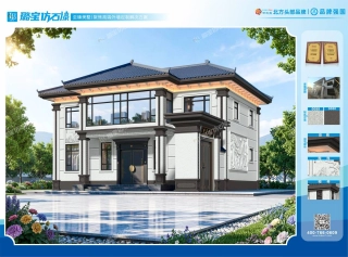 新中式二层侧边入户侧墙浮雕独栋别墅仿石漆效果图