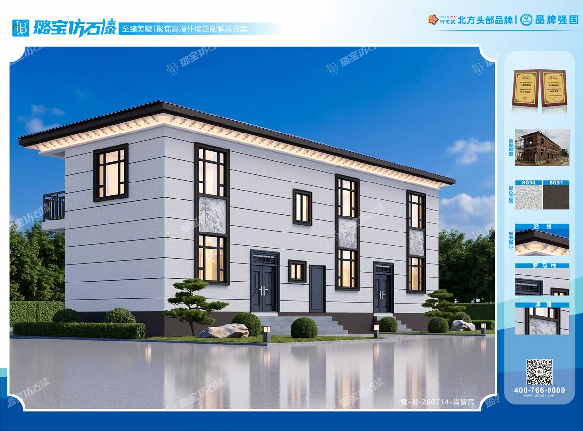 新中式双拼二层自建民房仿石漆效果图