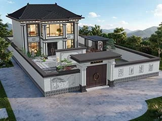 VR360新中式二层三开间别墅庭院外墙漆效果图